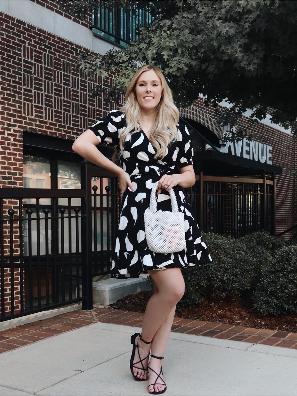 FRNCH Black Wrap Mini Dress with White Polka Print